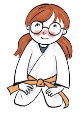 Drawing of a child with long hair and glasses, wearing a white gi and sitting in seiza position.
